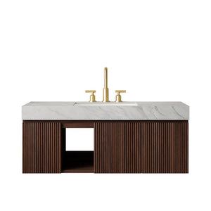 English Elm Eiden Wall Mounted Vanity Walnut Woodgrain Fluted Doors Sintered Stone Basin 48 inches Light Grey / Walnut W2615S00859