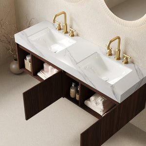English Elm Eiden Wall Mounted Vanity Walnut Woodgrain Fluted Doors Sintered Stone Basin 60 inches Carrara White / Walnut W2615S00860
