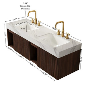 English Elm Eiden Wall Mounted Vanity Walnut Woodgrain Fluted Doors Sintered Stone Basin 60 inches Carrara White / Walnut W2615S00860