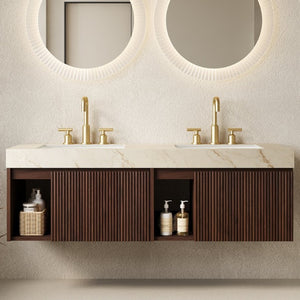English Elm Eiden Wall Mounted Vanity Walnut Woodgrain Fluted Doors Sintered Stone Basin 60 inches Beige Gold / Walnut W2615S00861