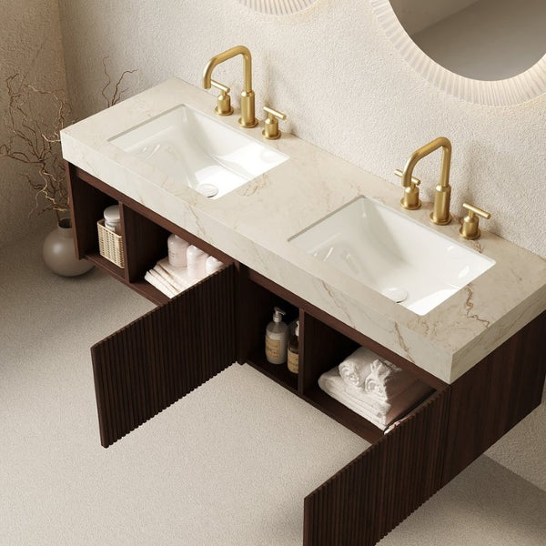 English Elm Eiden Wall Mounted Vanity Walnut Woodgrain Fluted Doors Sintered Stone Basin 60 inches Beige Gold / Walnut W2615S00861