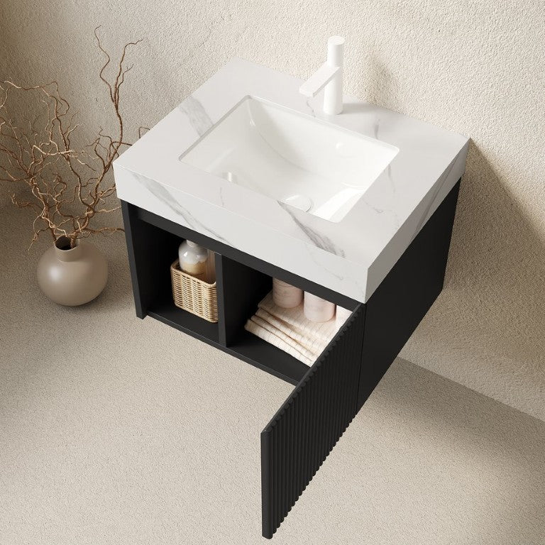 English Elm Eiden Floating Bathroom Vanity with Fluted Door Sintered Stone Top and Ceramic Basin W2615S00863