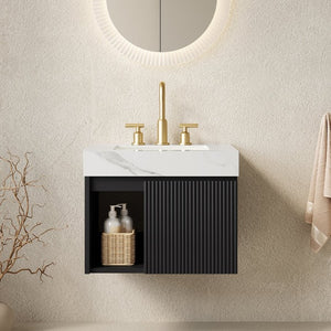 English Elm Eiden Floating Bathroom Vanity with Sintered Stone Top and Fluted Cabinet Door W2615S00864