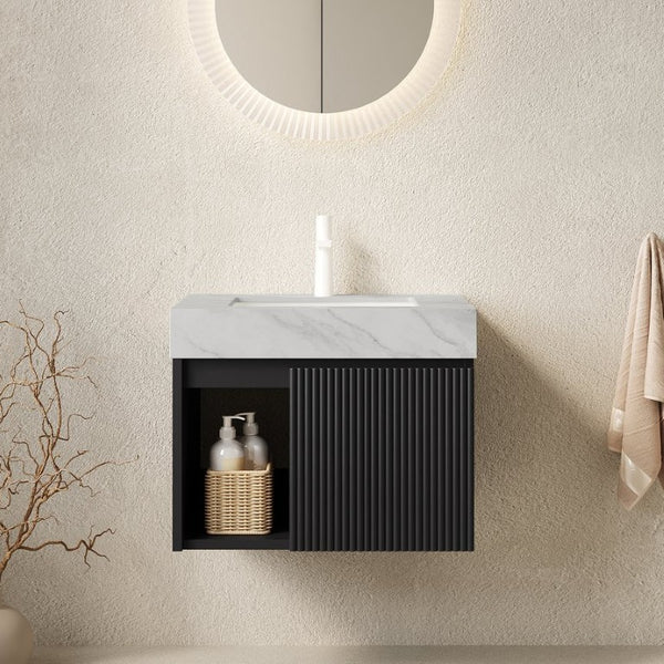 English Elm Eiden Floating Bathroom Vanity with Fluted Doors Sintered Stone Top Ceramic Basin W2615S00865