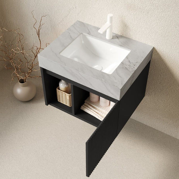 English Elm Eiden Floating Bathroom Vanity with Fluted Doors Sintered Stone Top Ceramic Basin W2615S00865