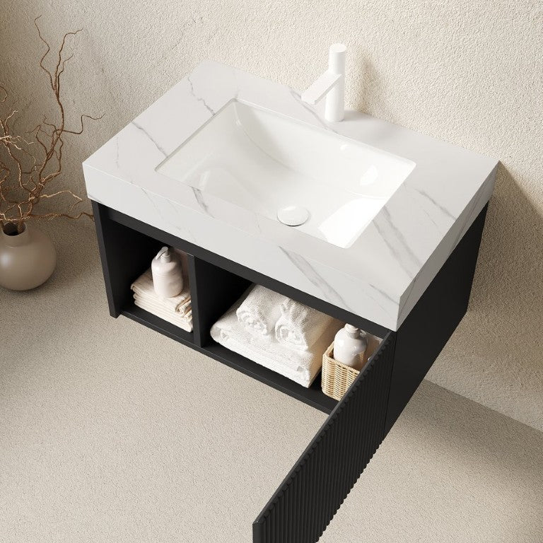 English Elm Eiden Floating Bathroom Vanity with Sintered Stone Top Fluted Cabinet and Soft Close Door W2615S00867