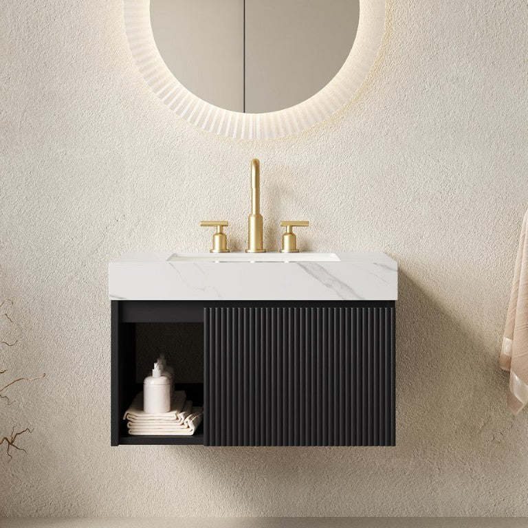 English Elm Eiden 30 Inch Floating Bathroom Vanity with Sintered Stone Top and Fluted Matte Cabinet W2615S00868