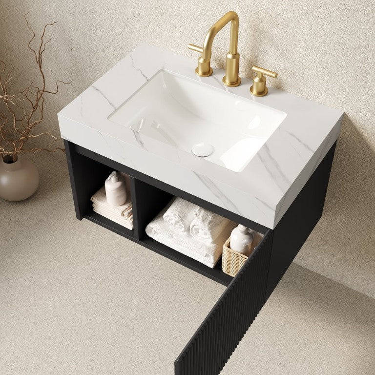English Elm Eiden 30 Inch Floating Bathroom Vanity with Sintered Stone Top and Fluted Matte Cabinet W2615S00868