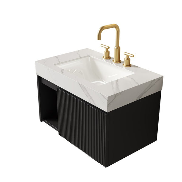English Elm Eiden 30 Inch Floating Bathroom Vanity with Sintered Stone Top and Fluted Matte Cabinet W2615S00868