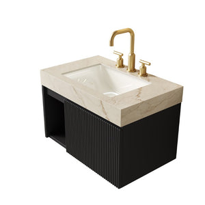 English Elm Eiden 30 Inch Floating Bathroom Vanity Sintered Stone Top Fluted Matte Black Storage W2615S00870