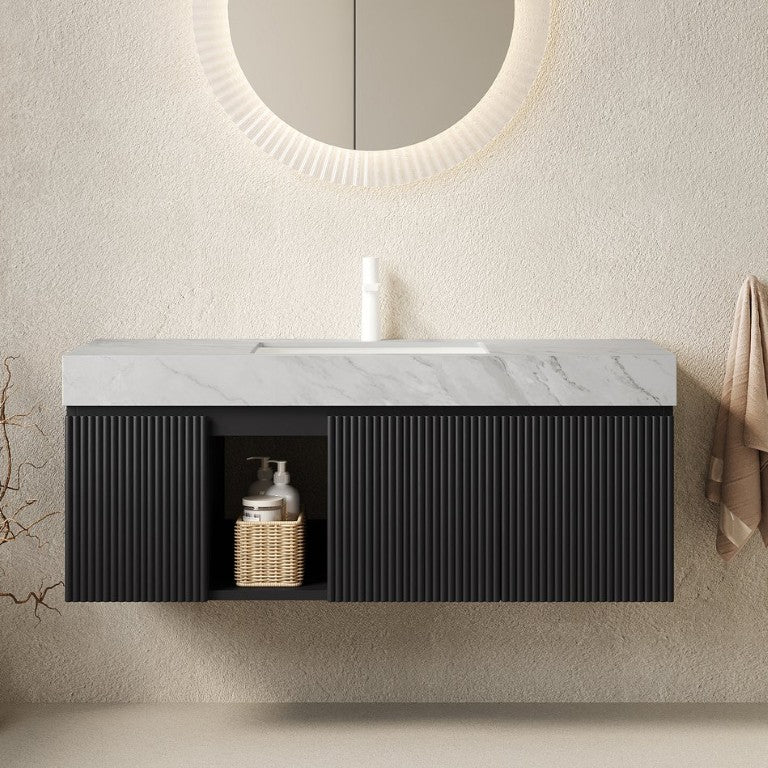English Elm Eiden Floating Bathroom Vanity with Sintered Stone Top and Fluted Cabinet Doors W2615S00883