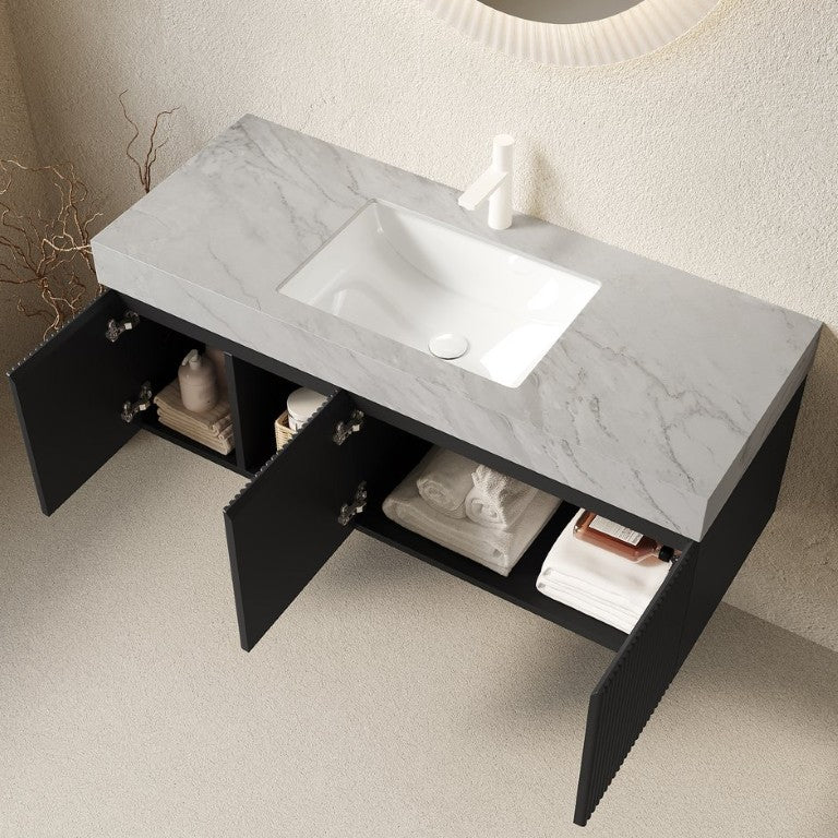 English Elm Eiden Floating Bathroom Vanity with Sintered Stone Top and Fluted Cabinet Doors W2615S00883