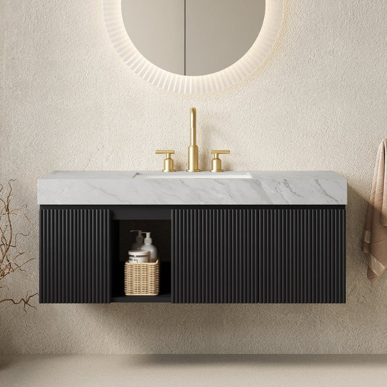 English Elm Eiden 48 Inch Floating Bathroom Vanity with Sintered Stone Top and Fluted Cabinet W2615S00884