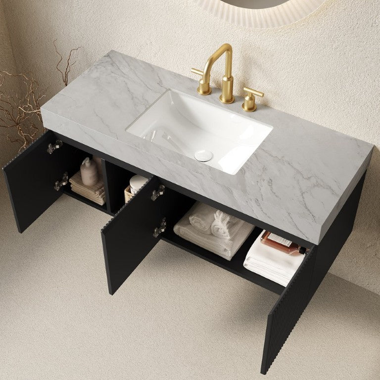 English Elm Eiden 48 Inch Floating Bathroom Vanity with Sintered Stone Top and Fluted Cabinet W2615S00884