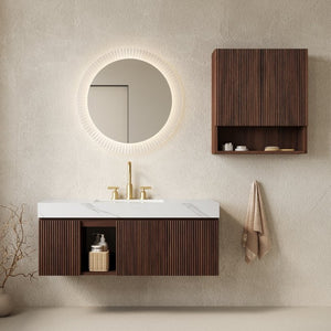English Elm Eiden Floating Bathroom Vanity Combo Walnut Woodgrain with Carrara Sintered Stone Top W2615S00890