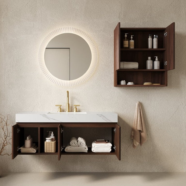 English Elm Eiden Floating Bathroom Vanity Combo Walnut Woodgrain with Carrara Sintered Stone Top W2615S00890