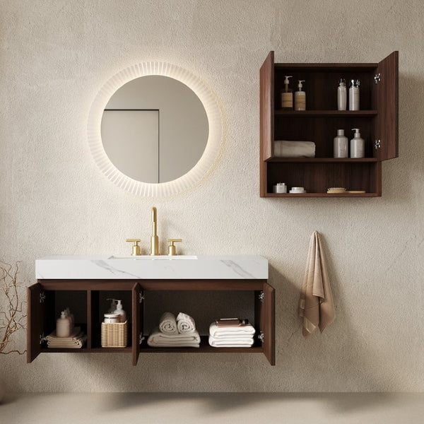 English Elm Eiden Floating Bathroom Vanity Combo Walnut Woodgrain with Carrara Sintered Stone Top W2615S00890