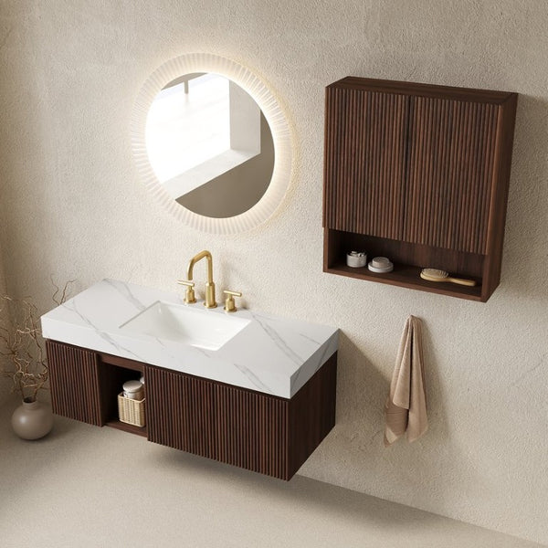 English Elm Eiden Floating Bathroom Vanity Combo Walnut Woodgrain with Carrara Sintered Stone Top W2615S00890