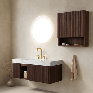 English Elm Eiden Floating Bathroom Vanity Combo Walnut Woodgrain with Carrara Sintered Stone Top W2615S00890