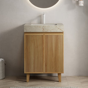 English Elm Lula 24 Inch Freestanding Bathroom Vanity with Fluted Wood Doors and Stone Top Beige+Gold, Natural Wood W2615S00918