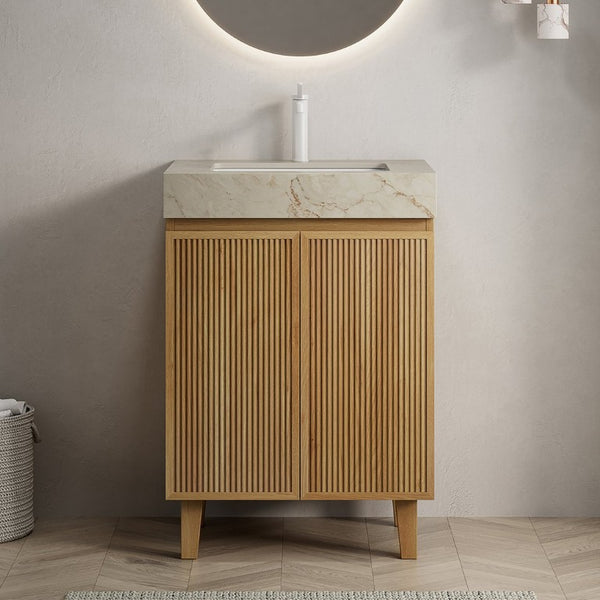 English Elm Lula 24 Inch Freestanding Bathroom Vanity with Fluted Wood Doors and Stone Top Beige+Gold, Natural Wood W2615S00918