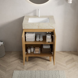 English Elm Lula 24 Inch Freestanding Bathroom Vanity with Fluted Wood Doors and Stone Top Beige+Gold, Natural Wood W2615S00918