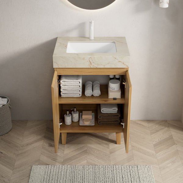English Elm Lula 24 Inch Freestanding Bathroom Vanity with Fluted Wood Doors and Stone Top Beige+Gold, Natural Wood W2615S00918