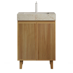 English Elm Lula 24 Inch Freestanding Bathroom Vanity with Fluted Wood Doors and Stone Top Beige+Gold, Natural Wood W2615S00918