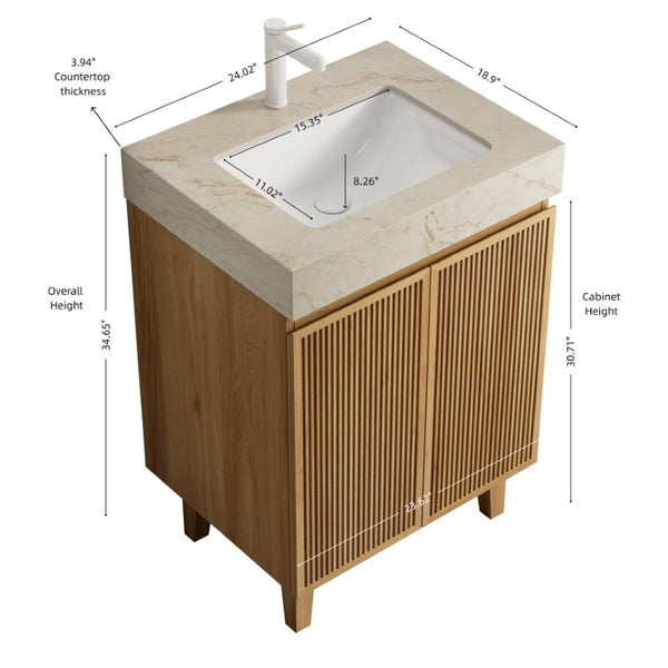 English Elm Lula 24 Inch Freestanding Bathroom Vanity with Fluted Wood Doors and Stone Top Beige+Gold, Natural Wood W2615S00918