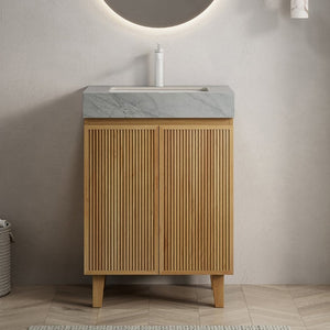 English Elm Lula 24 Inch Freestanding Bathroom Vanity with Fluted Wood Doors and Stone Top Light Grey, Natural Wood W2615S00920