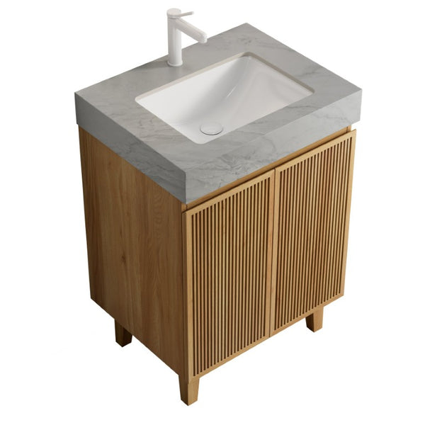 English Elm Lula 24 Inch Freestanding Bathroom Vanity with Fluted Wood Doors and Stone Top Light Grey, Natural Wood W2615S00920