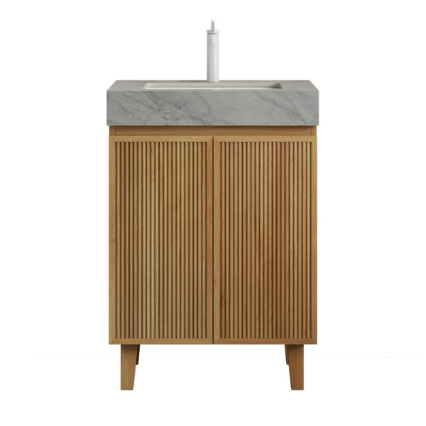 English Elm Lula 24 Inch Freestanding Bathroom Vanity with Fluted Wood Doors and Stone Top Light Grey, Natural Wood W2615S00920