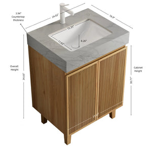 English Elm Lula 24 Inch Freestanding Bathroom Vanity with Fluted Wood Doors and Stone Top Light Grey, Natural Wood W2615S00920