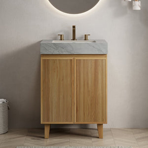 English Elm Lula Freestanding Bathroom Vanity with Fluted Wood Door and Sintered Stone Top 24 inches Light Grey Natural Wood W2615S00921