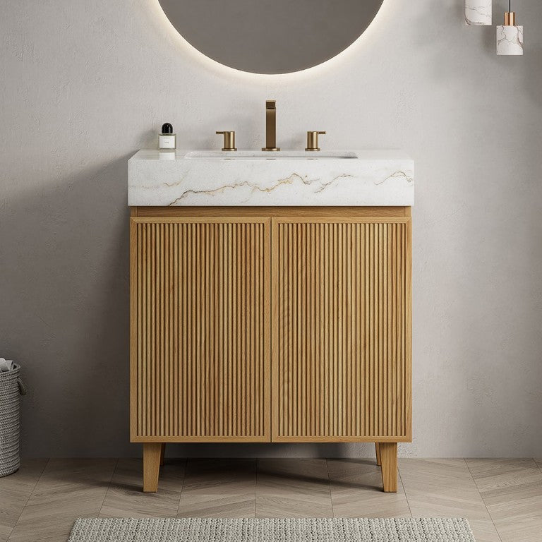 English Elm Lula 30 Inch Freestanding Bathroom Vanity Fluted Wood Doors Marble Top Ceramic Basin Natural Wood W2615S00923