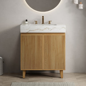 English Elm Lula 30 Inch Freestanding Bathroom Vanity Fluted Wood Doors Marble Top Ceramic Basin Natural Wood W2615S00923