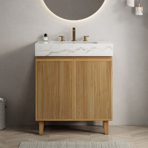 English Elm Lula 30 Inch Freestanding Bathroom Vanity Fluted Wood Doors Marble Top Ceramic Basin Natural Wood W2615S00923