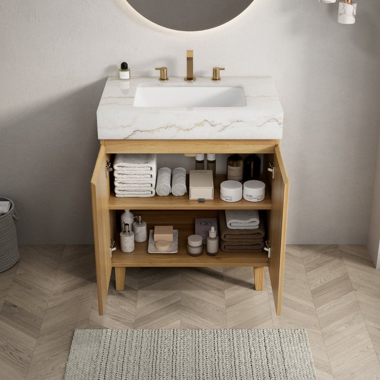 English Elm Lula 30 Inch Freestanding Bathroom Vanity Fluted Wood Doors Marble Top Ceramic Basin Natural Wood W2615S00923