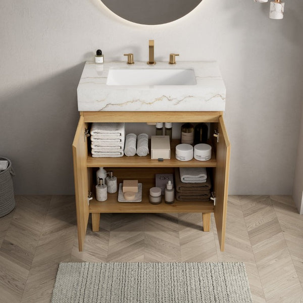 English Elm Lula 30 Inch Freestanding Bathroom Vanity Fluted Wood Doors Marble Top Ceramic Basin Natural Wood W2615S00923