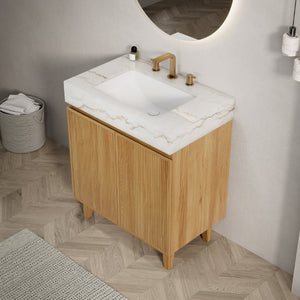 English Elm Lula 30 Inch Freestanding Bathroom Vanity Fluted Wood Doors Marble Top Ceramic Basin Natural Wood W2615S00923