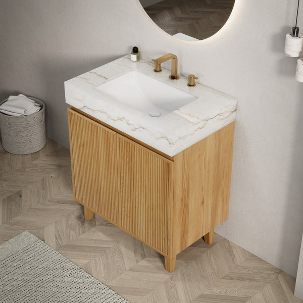 English Elm Lula 30 Inch Freestanding Bathroom Vanity Fluted Wood Doors Marble Top Ceramic Basin Natural Wood W2615S00923