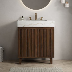 English Elm Lula 30 Inch Freestanding Bathroom Vanity Fluted Wood Doors Marble Top Ceramic Basin Walnut W2615S00927