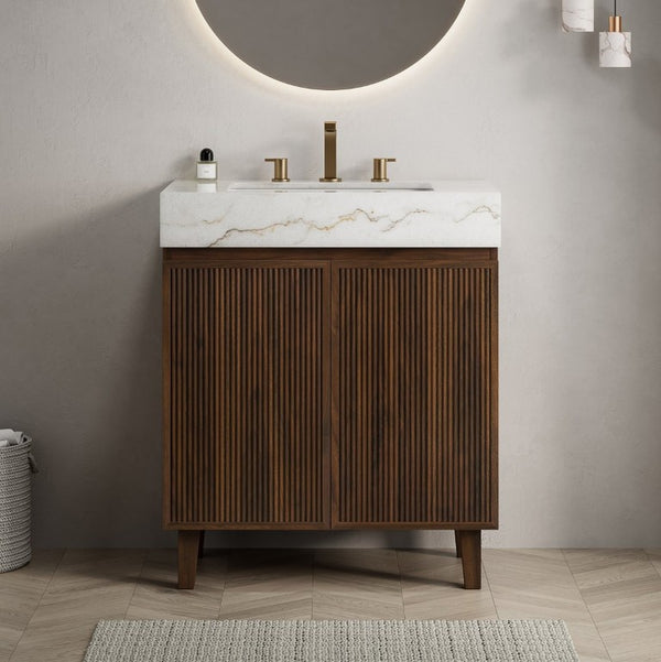 English Elm Lula 30 Inch Freestanding Bathroom Vanity Fluted Wood Doors Marble Top Ceramic Basin Walnut W2615S00927