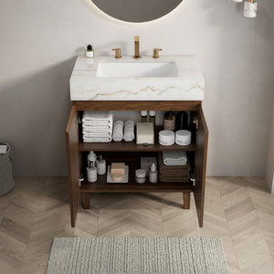 English Elm Lula 30 Inch Freestanding Bathroom Vanity Fluted Wood Doors Marble Top Ceramic Basin Walnut W2615S00927