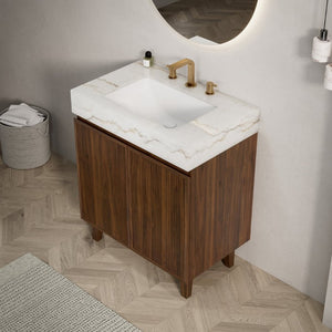 English Elm Lula 30 Inch Freestanding Bathroom Vanity Fluted Wood Doors Marble Top Ceramic Basin Walnut W2615S00927