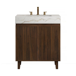 English Elm Lula 30 Inch Freestanding Bathroom Vanity Fluted Wood Doors Marble Top Ceramic Basin Walnut W2615S00927