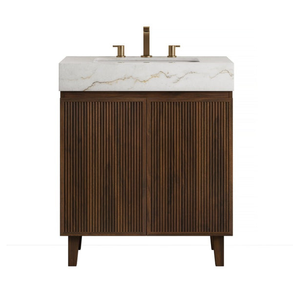 English Elm Lula 30 Inch Freestanding Bathroom Vanity Fluted Wood Doors Marble Top Ceramic Basin Walnut W2615S00927
