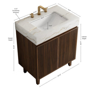 English Elm Lula 30 Inch Freestanding Bathroom Vanity Fluted Wood Doors Marble Top Ceramic Basin Walnut W2615S00927