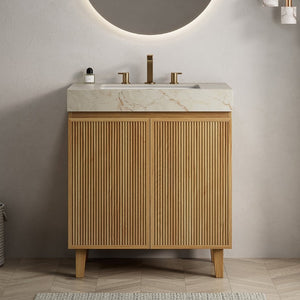 English Elm Lula Freestanding Bathroom Vanity with Fluted Wood Door and Sintered Stone Top 30 inches Beige Gold Natural Wood W2615S00931