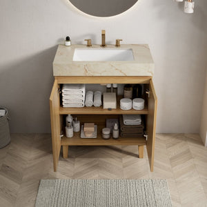English Elm Lula Freestanding Bathroom Vanity with Fluted Wood Door and Sintered Stone Top 30 inches Beige Gold Natural Wood W2615S00931